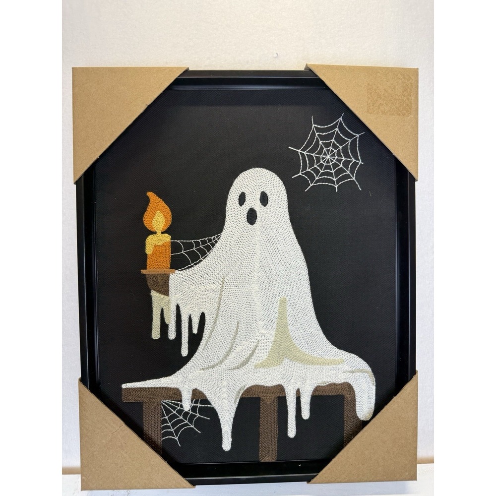 BP Halloween Ghost Canvas Wall Decor Black Frame Candle Spider Webs 12x15